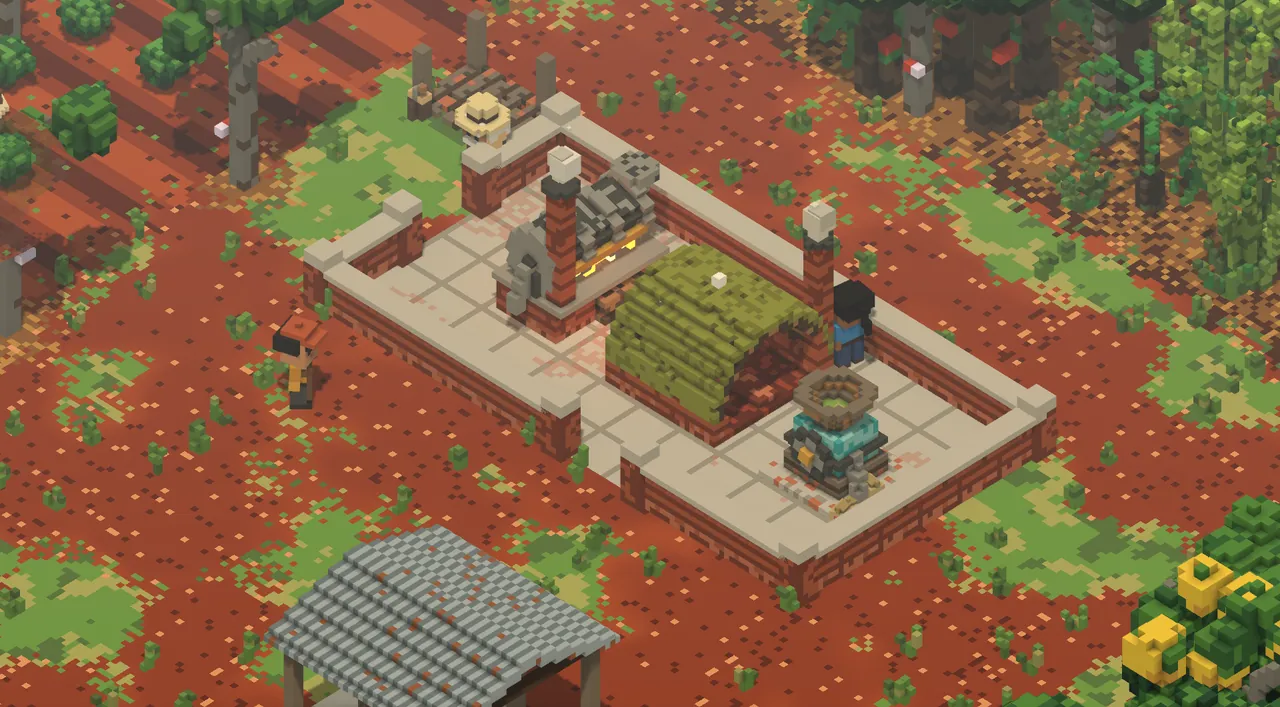 The raw 3D render of the same view: smooth voxel shapes with no outlines.