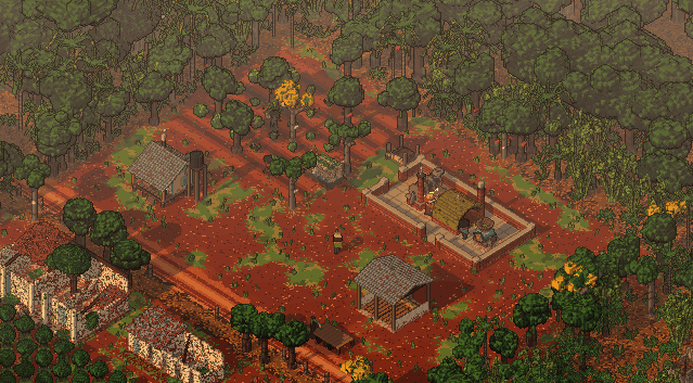 The first farm in late afternoon light, long shadows over the red earth.