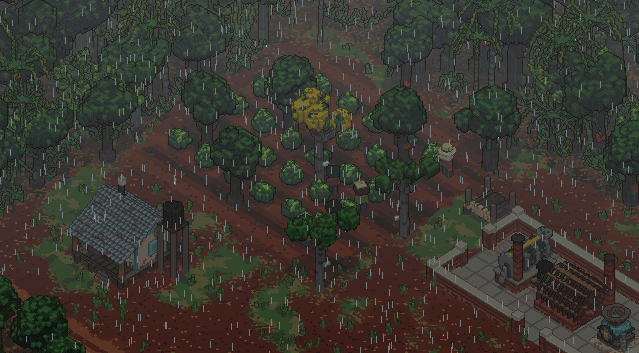 Rain over the yerba rows, the farm grey-green under the storm.